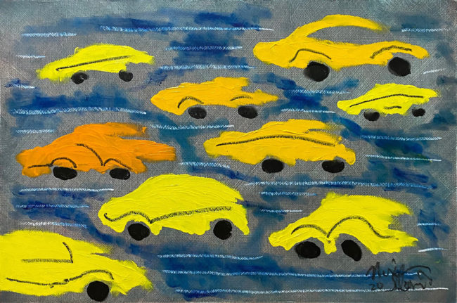 ‘Yellow Cars’, 2020 61.5cm X 40.5cm oil and oil crayon on plywood