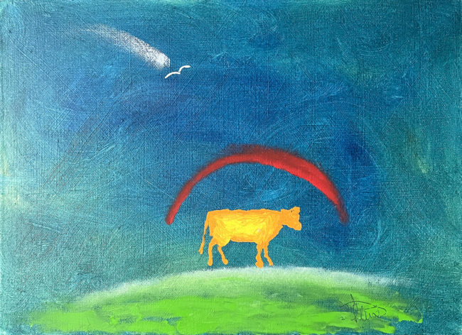 Cow With Bird At Sunset, 56cm x 40cm, Oil on Canvas 2021