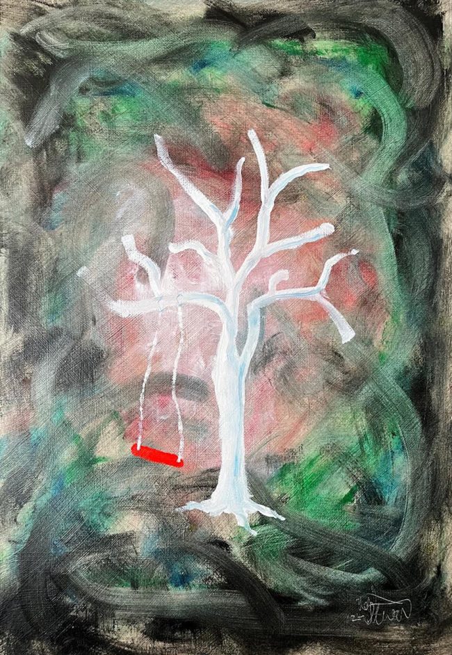 Blue Tree With Red Swing, 2024 oil 69.5cm x 47cm